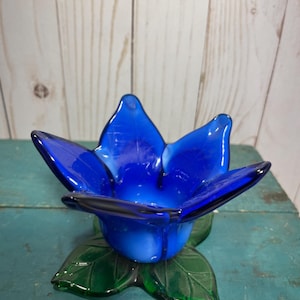 Vintage Kunst Glas, Tulpenblume, Votiv-Teelicht, Kerzenhalter, kobaltblaues Glas
