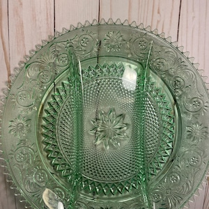 Vintage three part serving dish, indiana glass company, tiara exclusives, sandwich glass, green colored glass