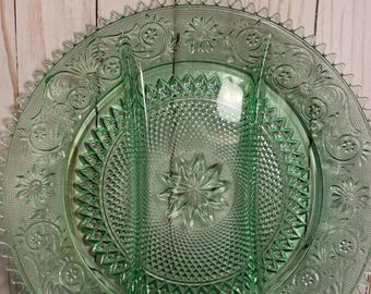 Vintage three part serving dish, indiana glass company, tiara exclusives, sandwich glass, green colored glass
