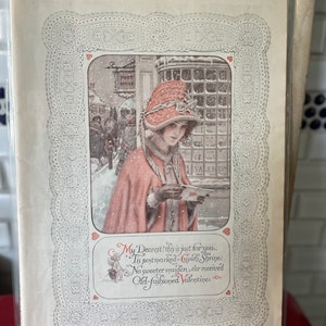 Antike Zeitschriftenseite, Valentinstag Ephemera, Frau zu Hause, Scrapbooking, gefundene Kunst, Liebe thematisiert, f