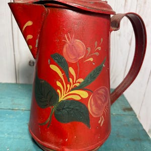 Vintage red toleware coffee pot, hand painted tole pitcher, shabby chic, folk art