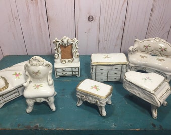 Vintage porcelain dollhouse furniture, made in Japan, living room, bedroom, floral design, buyers choice