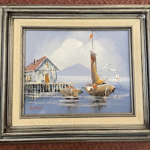 Vintage seashore painting, oil on board, signed, beach theme