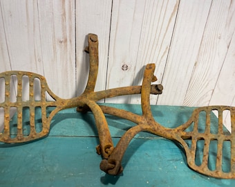A pair of antique cast iron buggy carriage steps, square style, original vintage hardware, wagon pieces