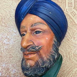 Vintage Bosson chalkware bust wall hanging, made in England, Sikh, library decor, man cave, collectible