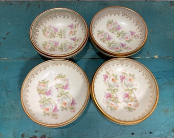 Antique German porcelain, salt dish, footed nut bowls, salt cellars, floral pattern with gold highlights, vintage kitchen