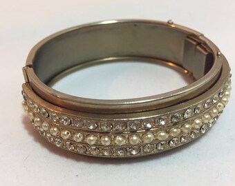 MCM bracelet, single hinged bangle, pearls and rhinestones, unmarked, ships for free