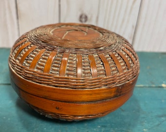 Antique Chinese sewing basket, unusually small size, woven basket with lid,