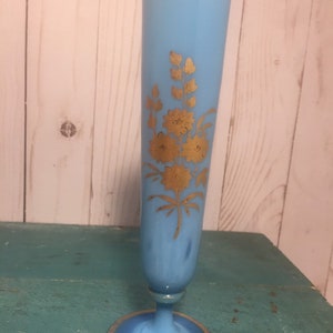 Signed vintage bud vase, blue, gold leaf decoration, gold trim, bohemian art glass, possibly Riedel, art nouveau style