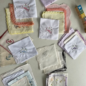 Vintage handkerchiefs, individual bundles, buyers choice, embroidered, crocheted edging, vintage linens, gift for her,