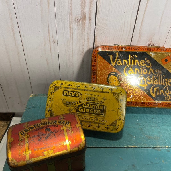 Vintage collectible tin boxes, consolidated tea, canton ginger, advertising ephemera, sewing box, desk accessories, buyers choice