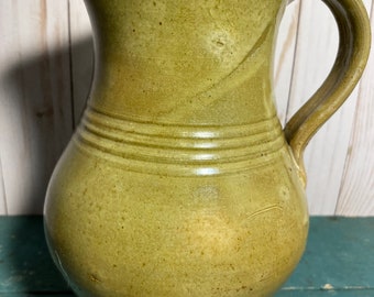 Vintage green glaze hand thrown pitcher, as is condition, farmhouse kitchen,