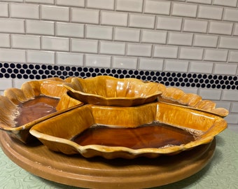 MCM lazy susan, brown bubble glaze, Wade of Calif, five piece ceramic snack set, wood swivel set, pieces and parts, buyers choice