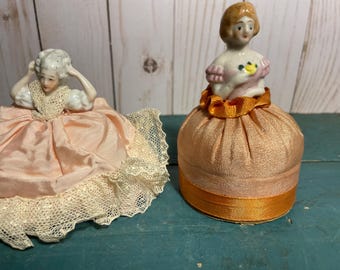 Antique half doll pin cushion, hand painted, original clothes, boudoir doll, BUYERS CHOICE