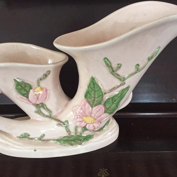 Hull pottery vase, high glaze, table centerpiece, console bowl,  Double Cornucopia, pink floral, 1940s elegance