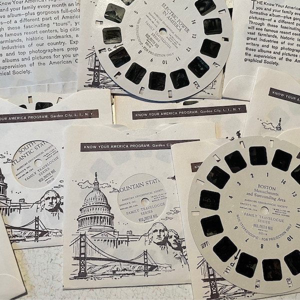 Viewmaster Reel collectibles, non stereo reels, family travelogue series, american geographical society, sawyer