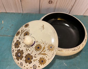 Unusual hand painted cream colored lacquerware bowl with gold floral trim, vintage vanity