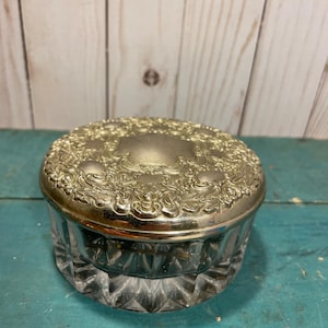 Vintage vanity jar, pressed glass jar with silver tone lid, bureau, makeup storage, gift for her