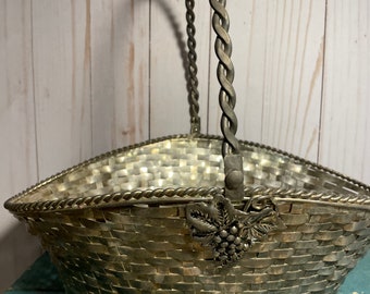 ヴィンテージ シルバープレート編みバスケット、高さ 5 インチ