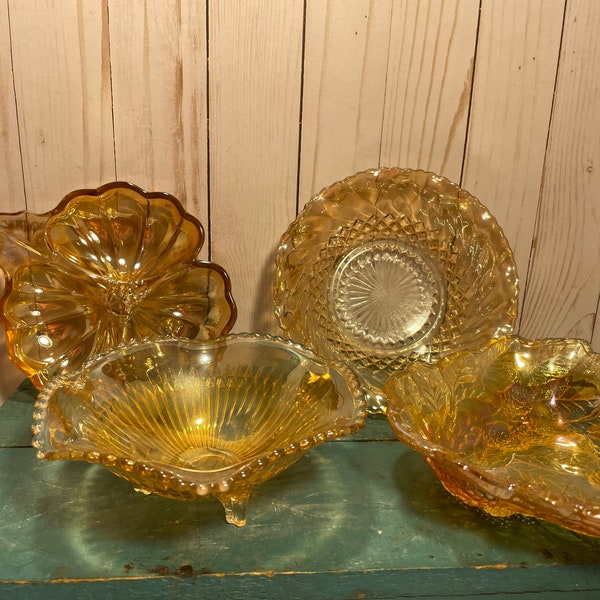 Vintage carnival glass bowls or dishes, Jeanette glass, indiana glass, marigold color, depression glass, giftware