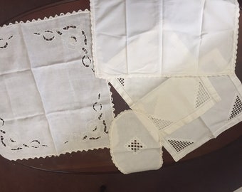 Assortment of vintage white table runners, piano scarves, doilies, cotton and crochet, living room decor, vintage linens