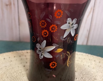 Single hand painted amethyst glass tumbler, concave shape, Victorian floral theme, elegant barware