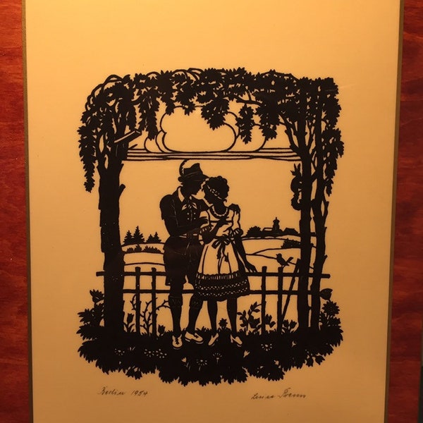 Mid century silhouette, signed and dated, Scherenschnitte, cute couple, Berlin Germany,  style of Oliver Weiss and Lotte Gutzlaff