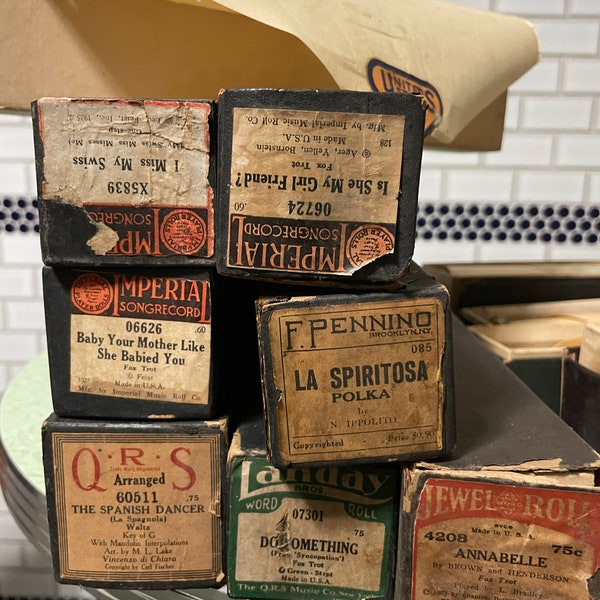 Vintage player piano rolls, pianola, audiographic music, Jewel, Italian, Landay, Aeolian Music, Melodie, Duo Art, QRS, Company, found art,