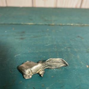 May include: A small, silver-colored metal tadpole figurine. The tadpole is detailed with a rounded head and a long, curved tail. The figurine is resting on a teal-colored wooden surface.