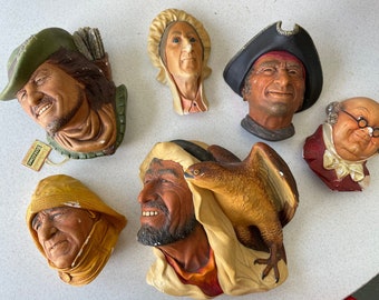 Vintage authentic Bosson chalkware bust wall hangings, made in England, as is condition, buyers choice, library decor, man cave, collectible