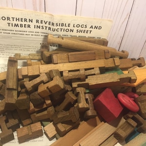 Vintage wooden building logs, Northern reversible logs, unique design, patented, original instructions, vintage wooden toys
