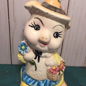 VIntage piggy bank, anthropomorphic, animal figurine, pig wearing a bonnet, ceramic bank, nursery decor, Easter