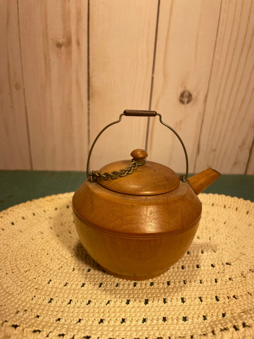 Tiny Vintage Wooden Tea Kettle, Copper Trim, Toy Kitchen Accessory