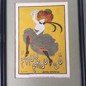 May include: A vintage poster advertising the French humorous newspaper "Le Frou-Frou" with a woman in a black and red dress and a large hat, holding a newspaper with the same name. The poster is on a yellow background with the text "Le Frou-Frou" and "Journal Humoristique" in black.