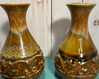 Pair of small Hosley TM vases, brown, swirl detail, bubble glaze, artisan made