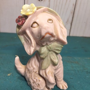 Vintage pink porcelain figurine dog, pink dog with hat, vintage vanity