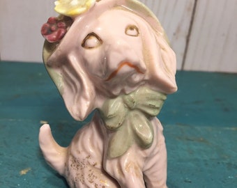 Vintage pink porcelain figurine dog, pink dog with hat, vintage vanity