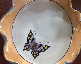 Vintage china bureau/dresser/vanity jewelry trinket tray - noritake hand painted with butterfly.