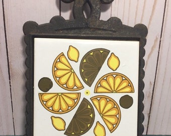 Groovy cast iron metal tile kitchen trivet, hot plate, lemon lime graphic, vintage kitchen, country kitchen