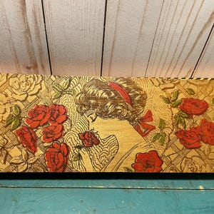 Victorian pyrography wooden glove box, Gibson girl with red roses, folk art, vintage vanity,bureau box