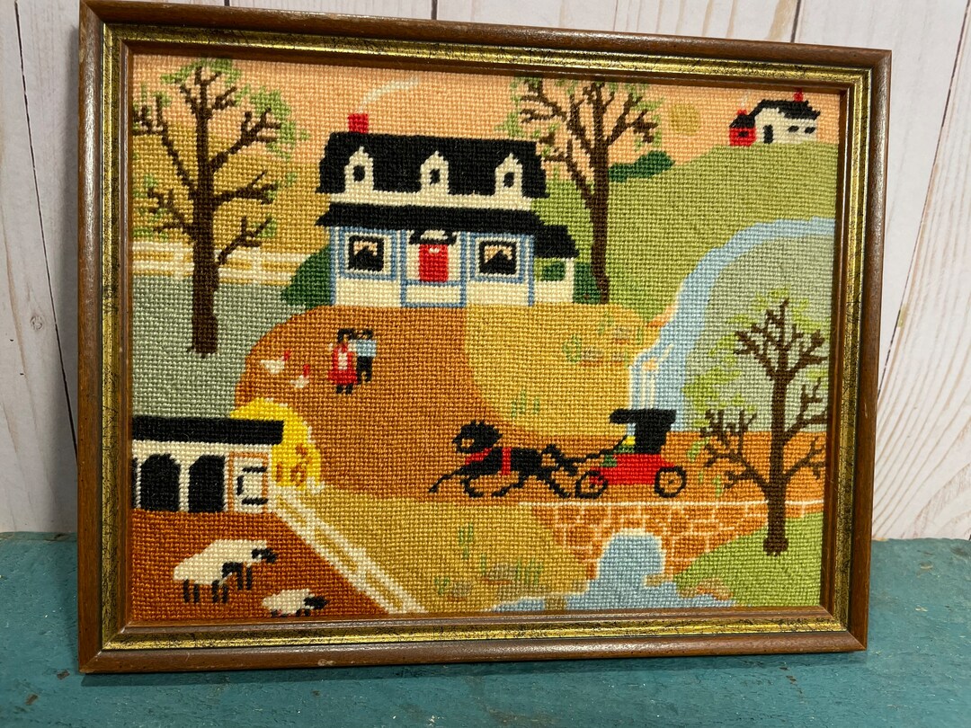 Vintage Folk Art Needlepoint Scene, Framed Needlepoint, Needlepoint