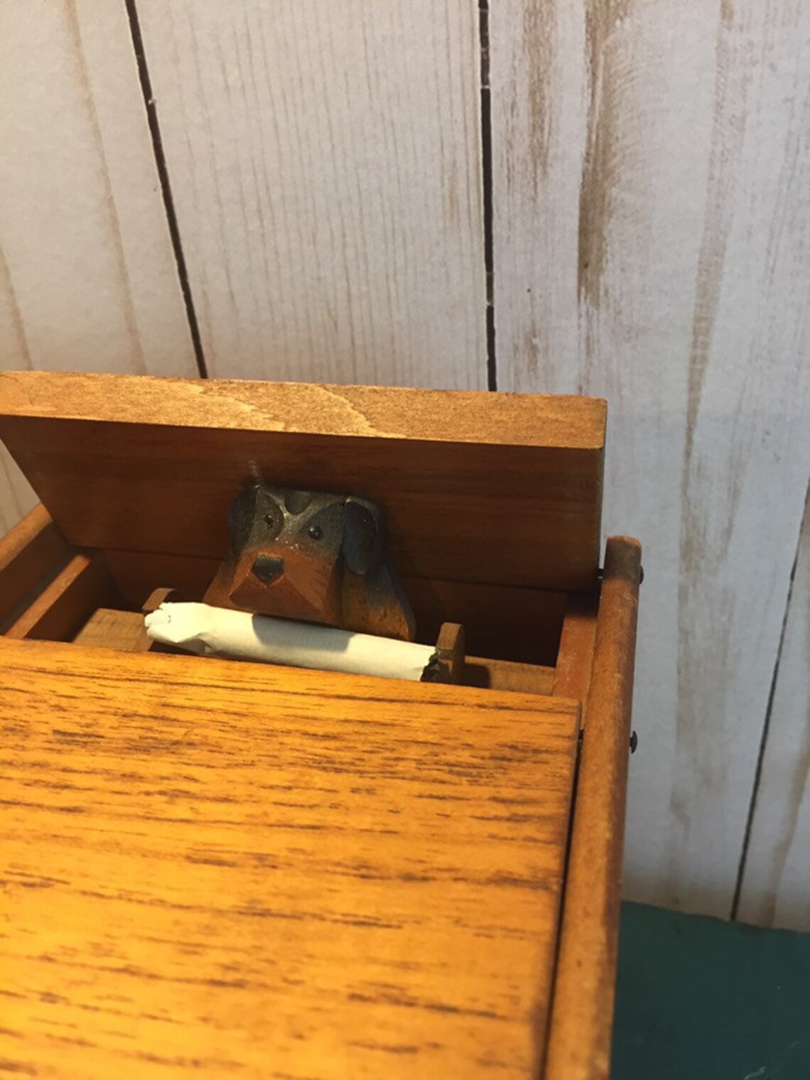 Wooden dog music box dispenses cigarette vintage music box Etsy