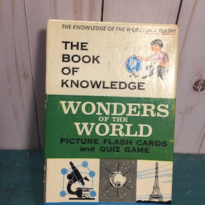 Vintage 1960 game, Book of Knowledge, picture flash cards, quiz game, Wonders of the World, ed-u-cards, family game night, home school