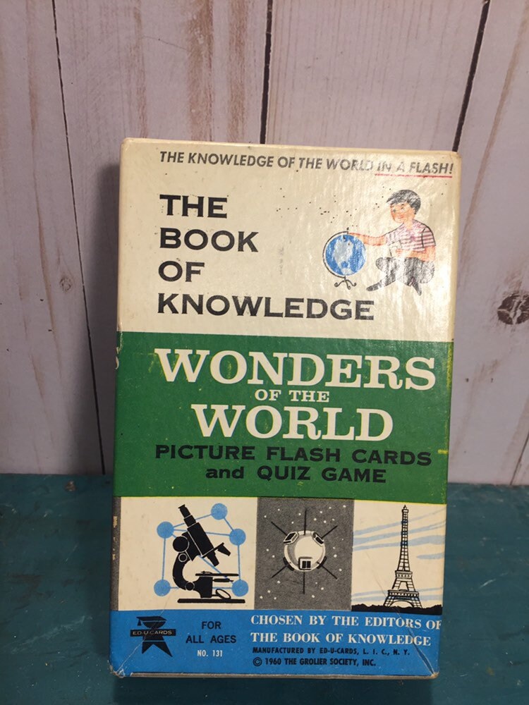 Vintage 1960 game, Book of Knowledge, picture flash cards, quiz game, Wonders of the World, ed-u-cards, family game night, home school