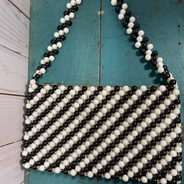 Beaded purse with handle, black and white, mid century mod, groovy retro, clubbing, evening wear, clutch handbagbag