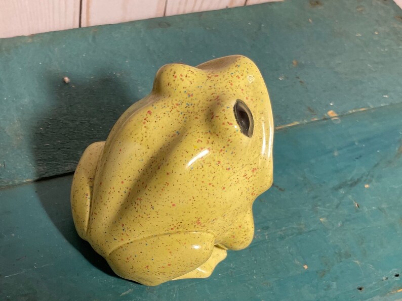 May include: A yellow ceramic frog planter with a speckled finish. The frog has a hole in the top for drainage.