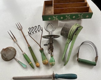 Vintage green handle kitchen hand tools, larger sizes, farmhouse kitchen, buyers choice, collectibles, lot #1