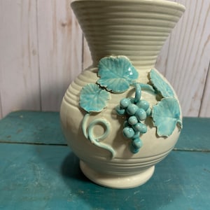Vintage handmade vase, made in italy, grape leaf design, signed and numbered