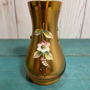 Bohemian cabinet vase, hand painted, original Bohemia tag, gold detail,