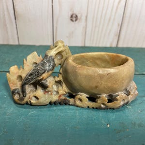 Vintage hand carved Chinese brush pot, soapstone vase, detailed carving, Chinese artistry, bird perched next to cylindrical pot